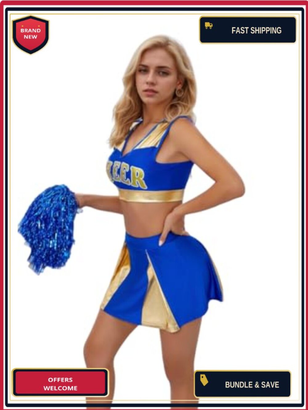 Cheerleader Costume Set Crop Top Skirt Pom Poms Cosplay Halloween